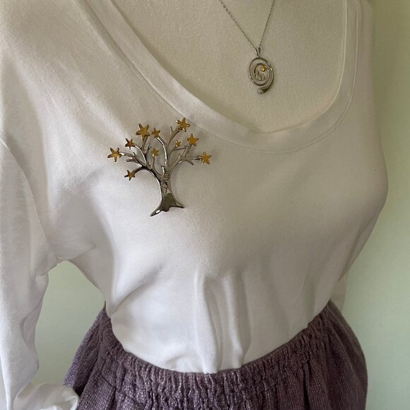 Gorgeous Starlit Treetop Silver and Gold Tone Brooch Pin - Picture 1 of 7